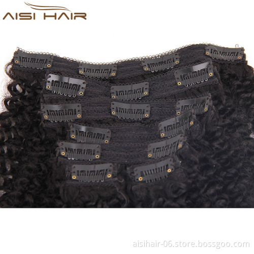 Peruvian Kinky Curly 16 Clips In Hair Extension Black Human Hair Pieces Clip In